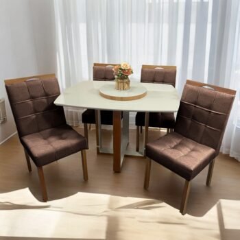 Mesa Atlas Mel/Off White Canto Barril 120×90 com 4 Cadeiras Sophia Mel/Veludo Marrom – ART ASSENTOS + WM DECOR
