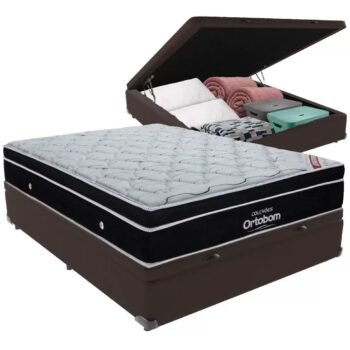 Colchão Casal Elegant D33 Superpocket + Base Box Casal Baú Marrom – ORTOBOM + BIOSTAR