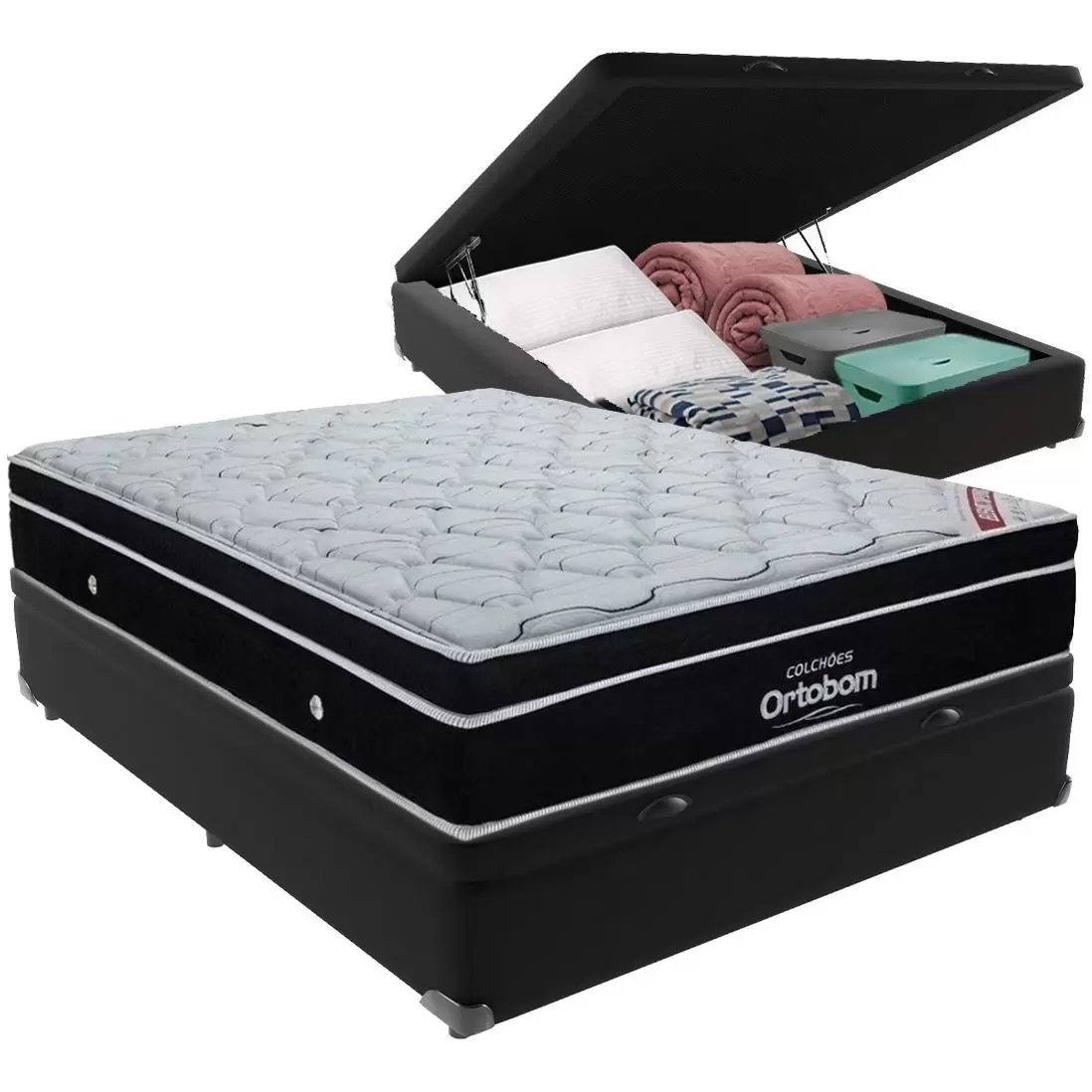 Colchão Casal Elegant D33 Superpocket + Base Box Casal Baú Preto – ORTOBOM + BIOSTAR