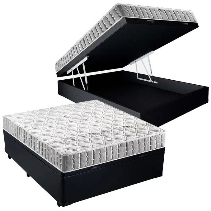 Colchão Casal Orthosono + Base Box Baú Corino Preto – ANJOS + BIOSTAR