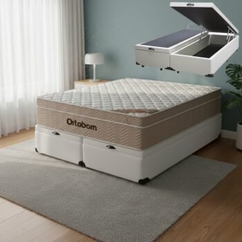 Colchão Queen Airtech Springpocket D26 + Base Box Baú Corino Branco – ORTOBOM + ALTO NÍVEL CAMAS E COLCHÕES