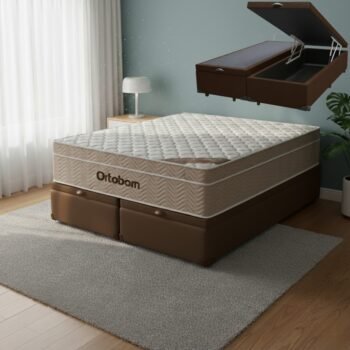 Colchão Queen Airtech Springpocket D26 + Base Box Baú Corino Marrom – ORTOBOM + BIOSTAR