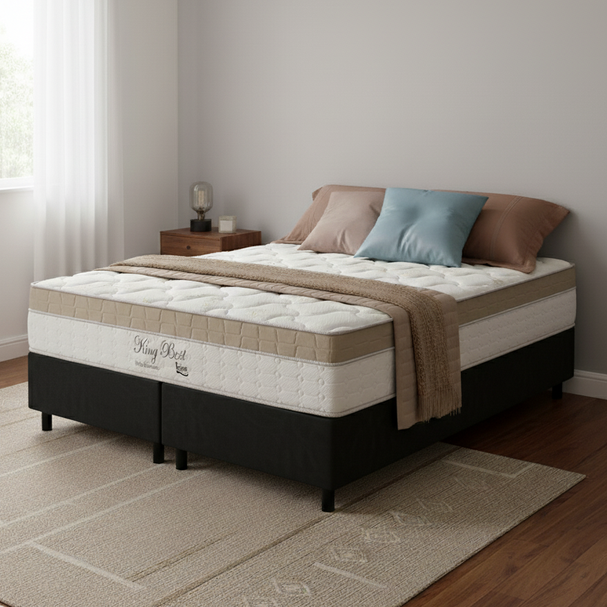 Colchão Queen King Best D28 + Base Box Simples Corino Preto – ANJOS COLCHÕES + ALTO NÍVEL CAMAS E COLCHÕES