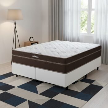 Colchão Queen Lisboa D28 + Base Box Simples Corino Branco – ECOTEC + ALTO NÍVEL CAMAS E COLCHÕES