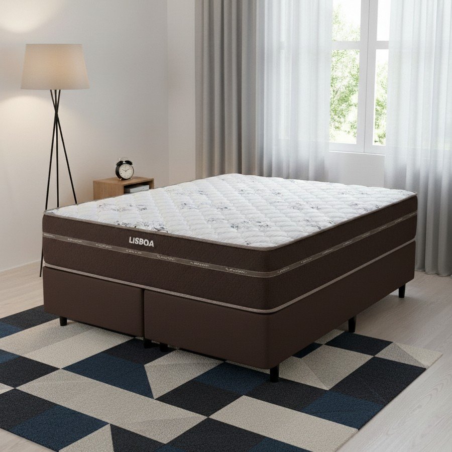 Colchão Queen Lisboa + Base Box Simples Corino Marrom – ECOTEC + BIOSTAR