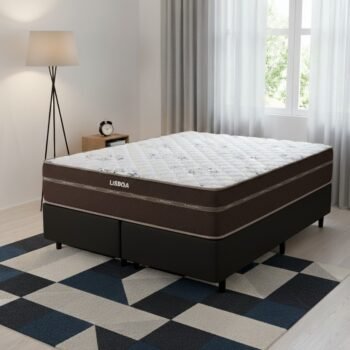 Colchão Queen Lisboa D28 + Base Box Simples Corino Preto – ECOTEC + ALTO NÍVEL CAMAS E COLCHÕES