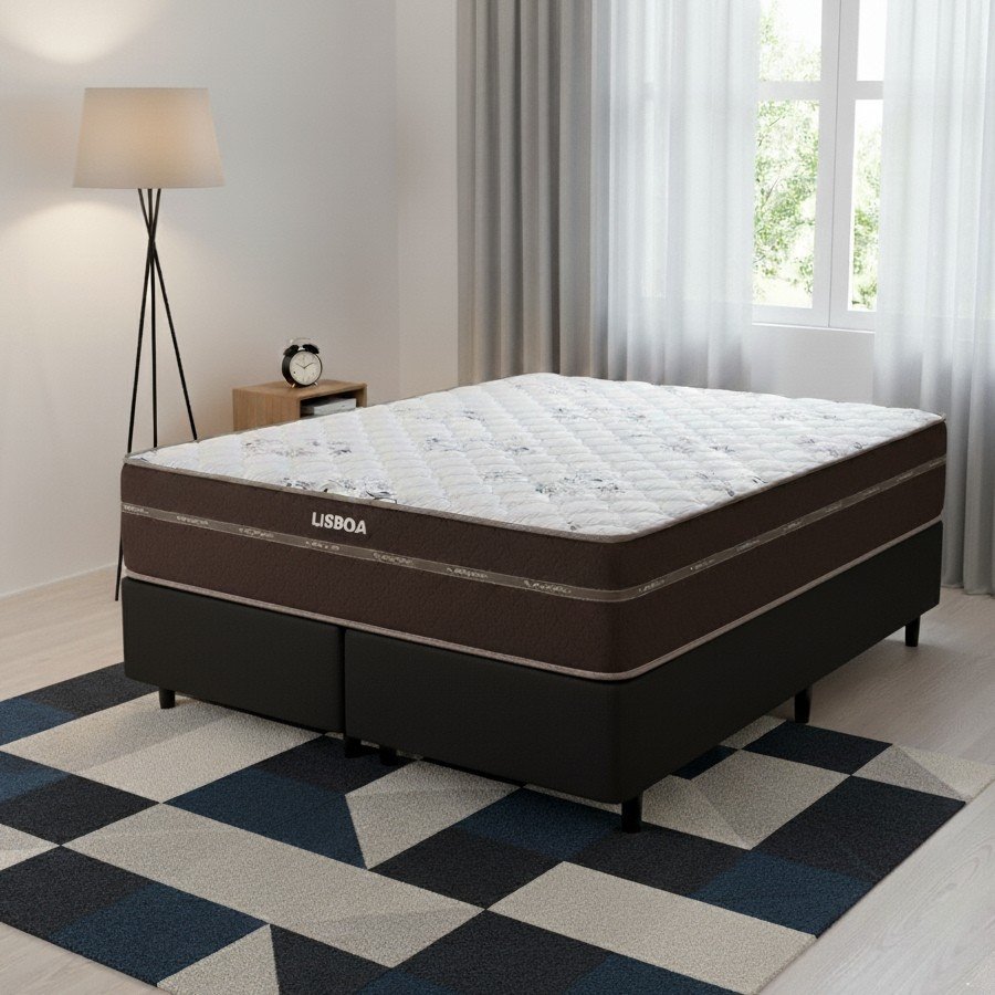 Colchão Queen Lisboa + Base Box Simples Corino Preto – ECOTEC + BIOSTAR