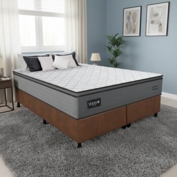 Colchão Queen Texas D28 + Base Box Simples Corino Marrom – GAZIN COLCHÕES + ALTO NÍVEL CAMAS E COLCHÕES