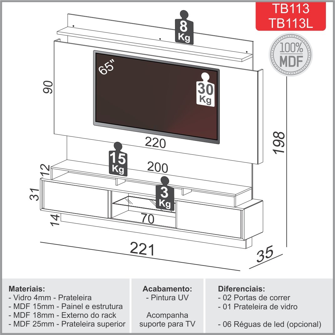 Estante Home até 65" Vera TB113L Off White/Freijó – DALLA COSTA - Imagem 5