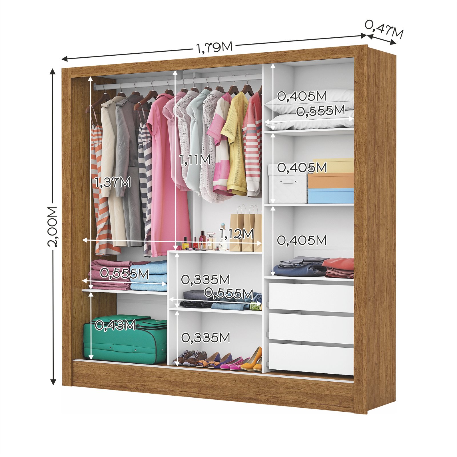 Guarda-Roupa 3 Portas Dubai/Santiago Plus(1 Porta espelhada) 1,79 m Cinamono/Branco – CARIOCA MÓVEIS - Imagem 4