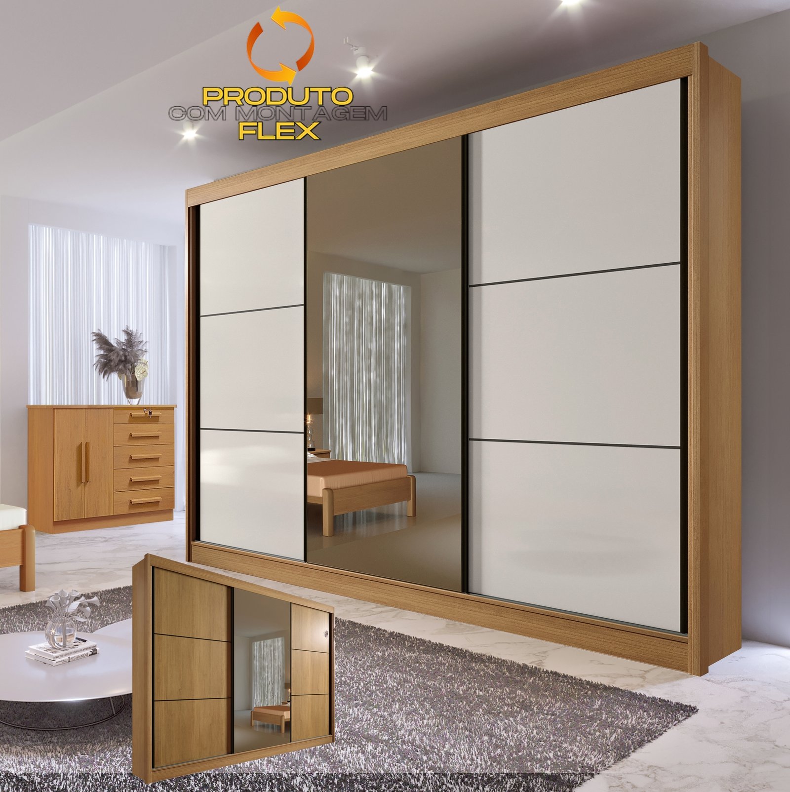 Guarda-Roupa 3 Portas Los Angeles 2,73 m Cinamono/Off White/Cinamono - D'DORO MÓVEIS