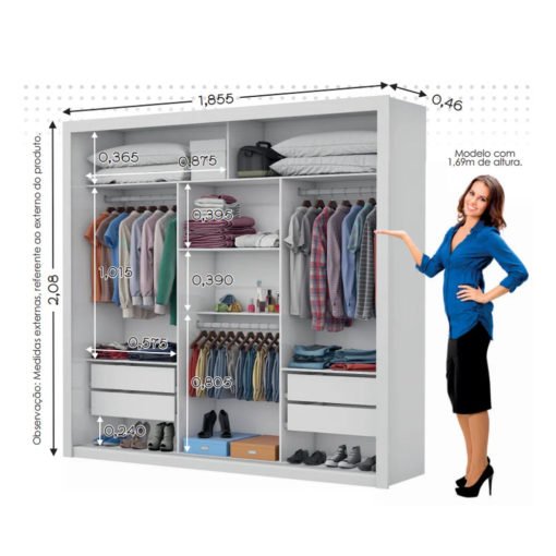 Guarda-Roupa Veneza/Clara/Berlim Plus(1 Porta espelhada) 1,855 m Cinamono/Branco – CARIOCA MÓVEIS - Imagem 4