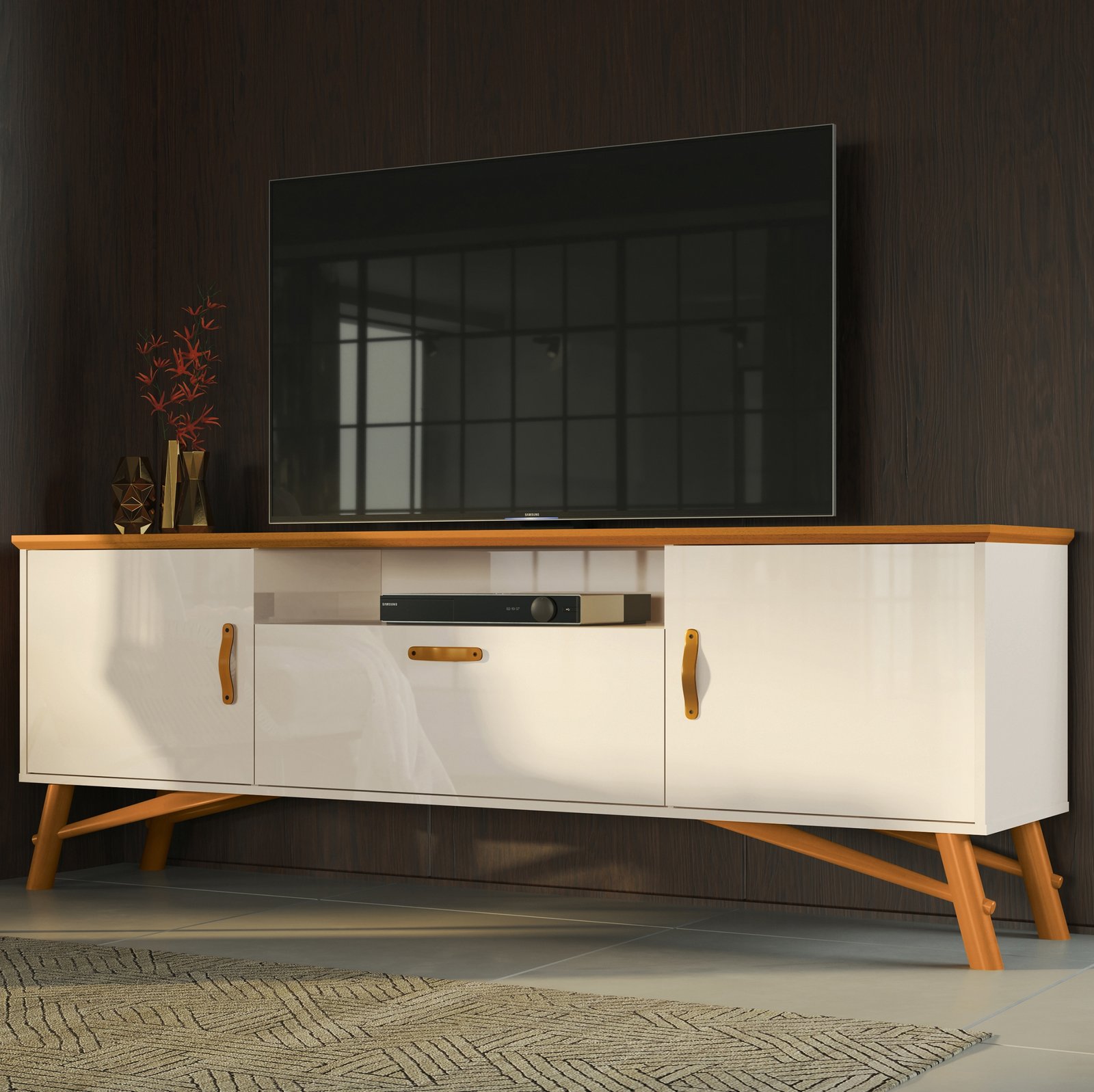 Rack até 75" Felix Off White/Cedro Natural - EDN MÓVEIS