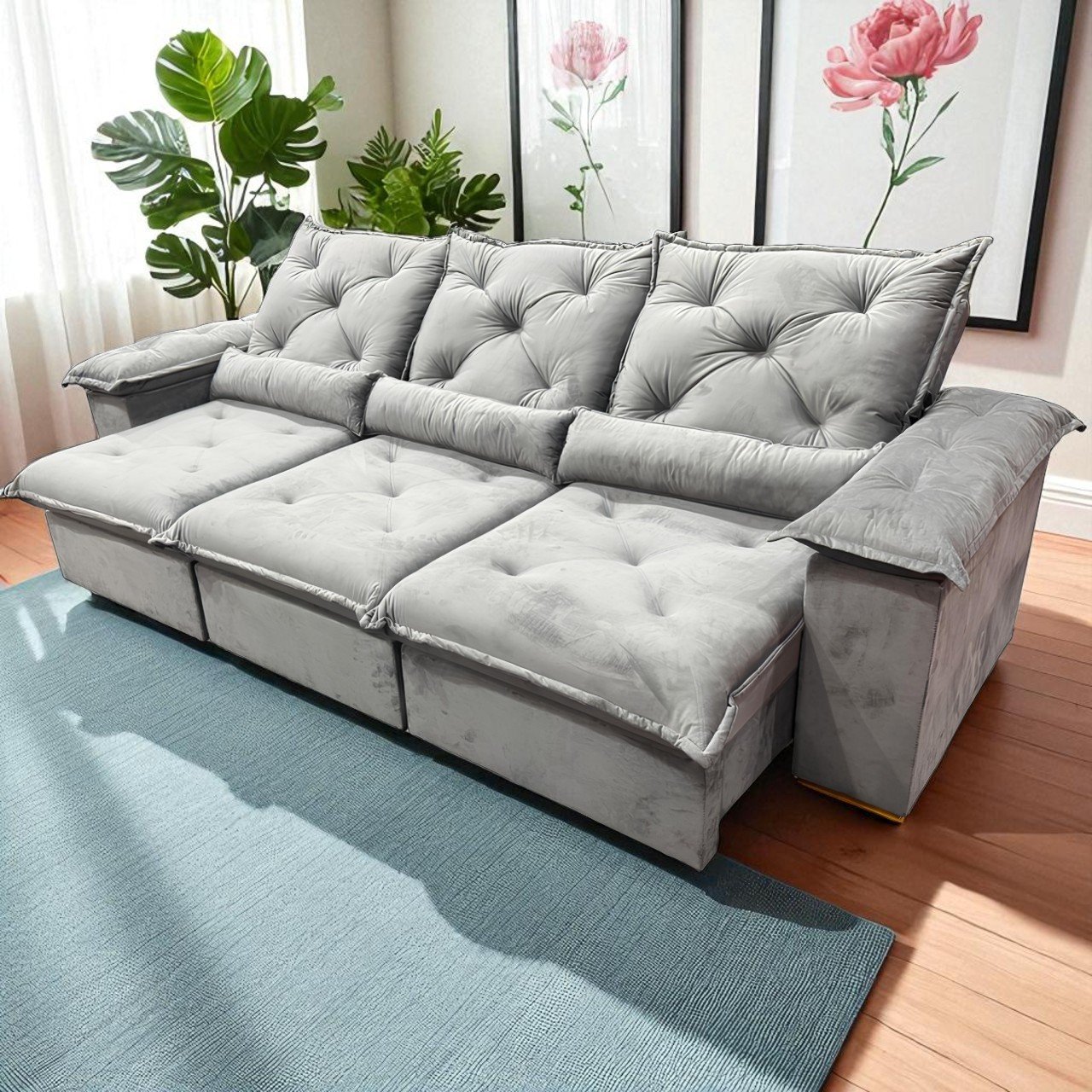 Sofá Retrátil e Reclinável Porto Madero/Brasão 2,75 m Veludo Cinza Grafite - IMPERIAL DECOR