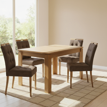 Mesa Athenas 120 Amêndoa Clean com 4 Cadeiras Sophia Veludo Marrom – LOPAS + WM DECOR