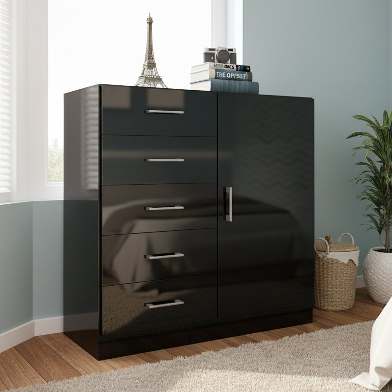 Cômoda 5 Gavetas com Sapateira Miami Preto - FELLICCI