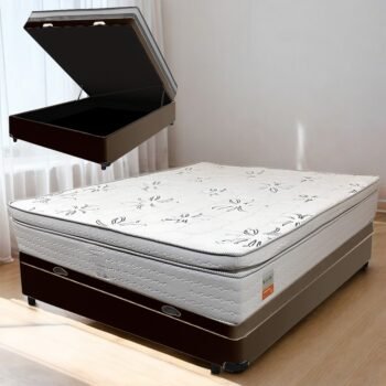 Colchão Casal New York D33 + Base Box Baú Corino Marrom – ECOTEC + BIOSTAR