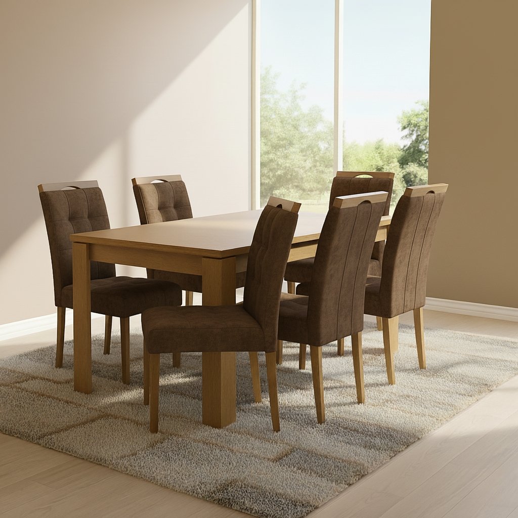 Mesa Athenas 180 Amêndoa Clean com 6 Cadeiras Sophia Veludo Marrom – LOPAS + WM DECOR