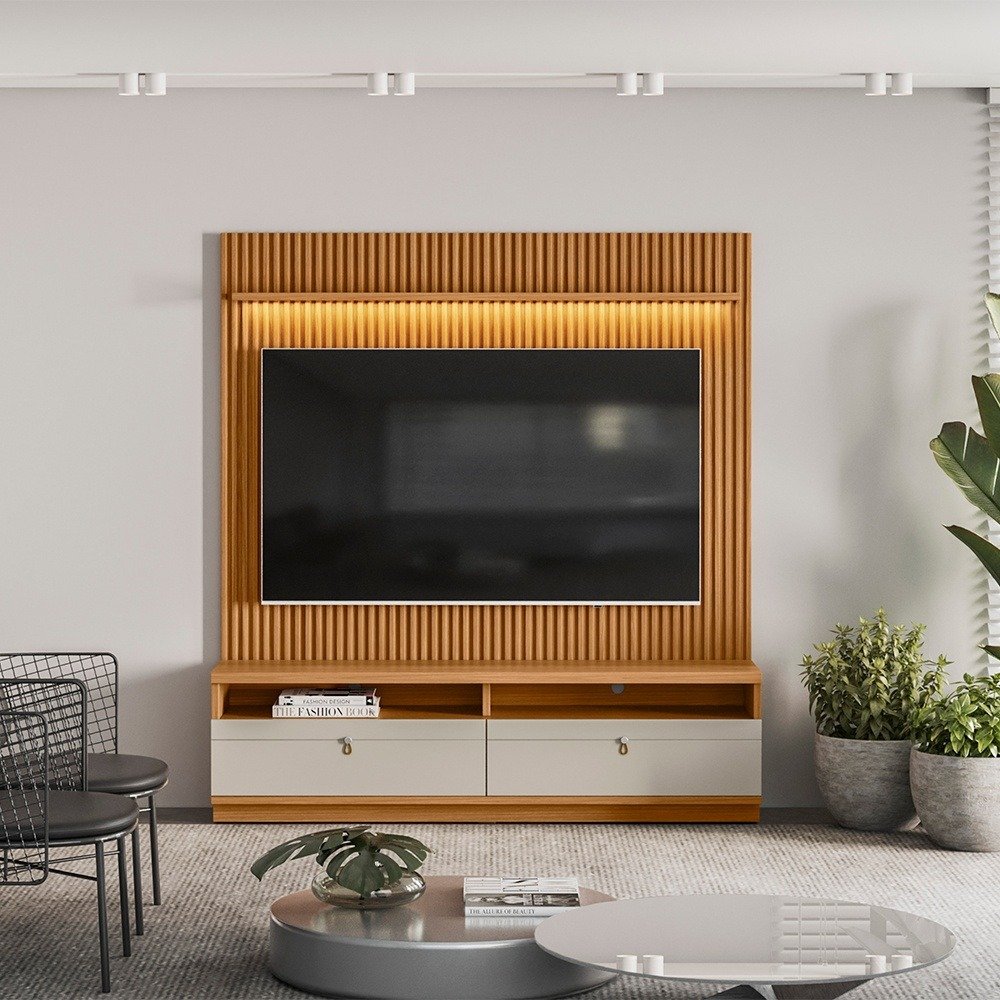 Painel + Rack até 75" Ouro Preto Nature/Off White - LINEA BRASIL