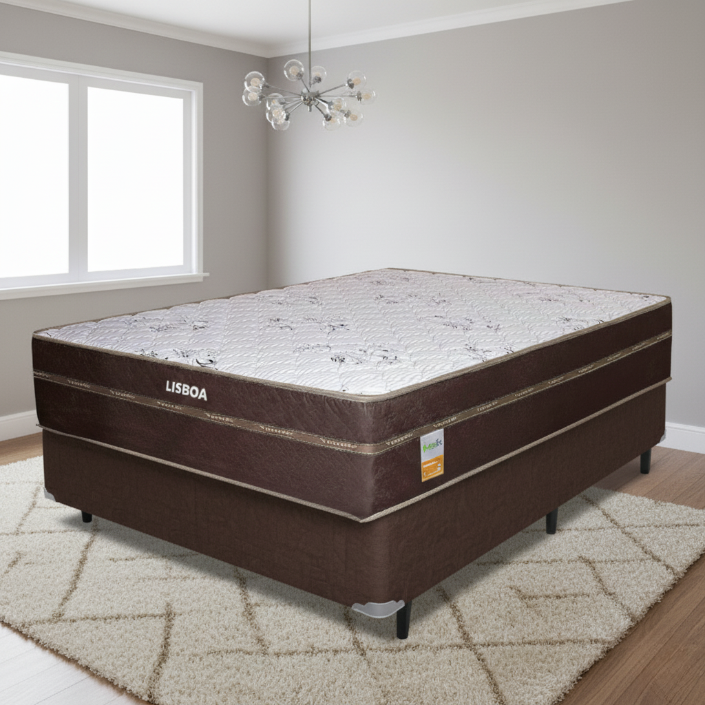 Colchão Casal Lisboa 24 cm D28 + Base Box Simples Corino Marrom - ECOTEC + BIOSTAR