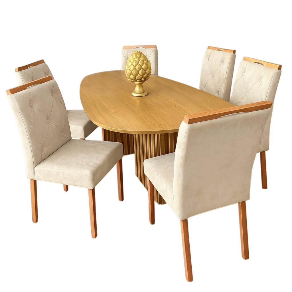 Mesa Isis 180 Freijó com 6 Cadeiras Yasmim Veludo Cinza Bege – LEIFER + KM DECOR - Imagem 3