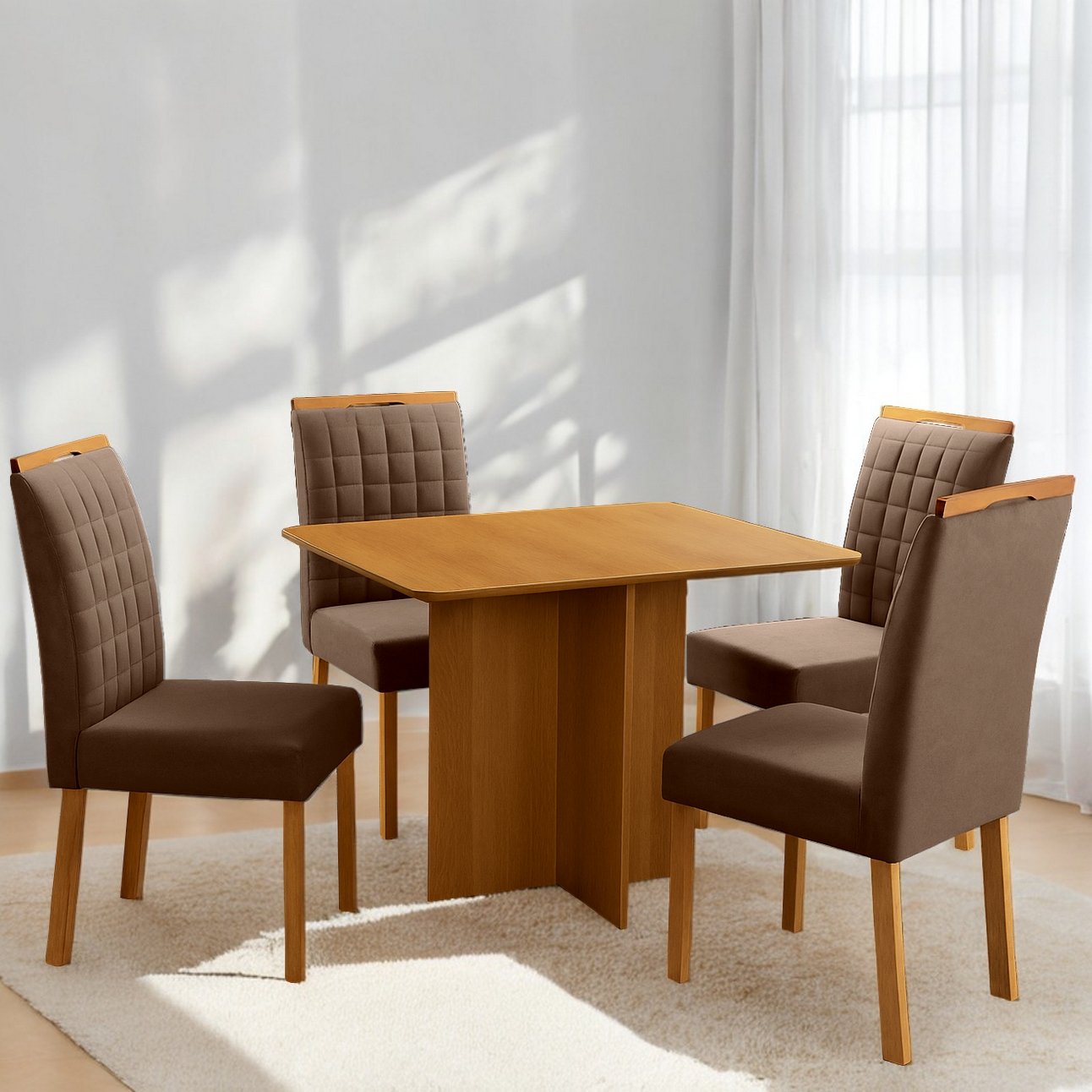 Mesa Pérola 120 Imbuia Mel (Tampo Viena s/vidro) + 4 Cadeiras Pandora 01 Veludo Marrom 134 – CARVALHO DECOR