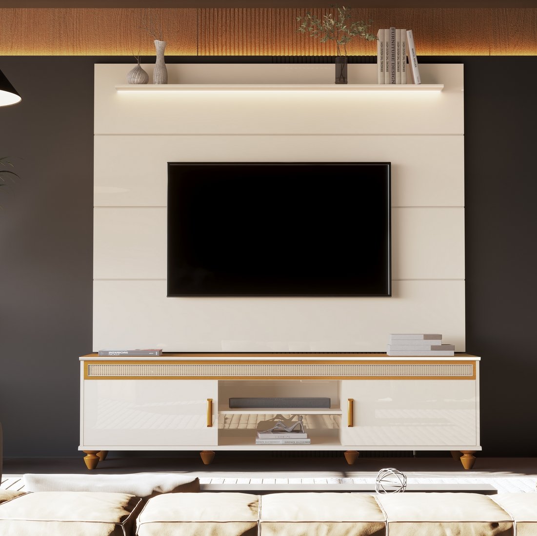 Painel até 75" Bliss + Rack Comodoro 1.8 Off White/Cedro - EDN MÓVEIS - Imagem 2