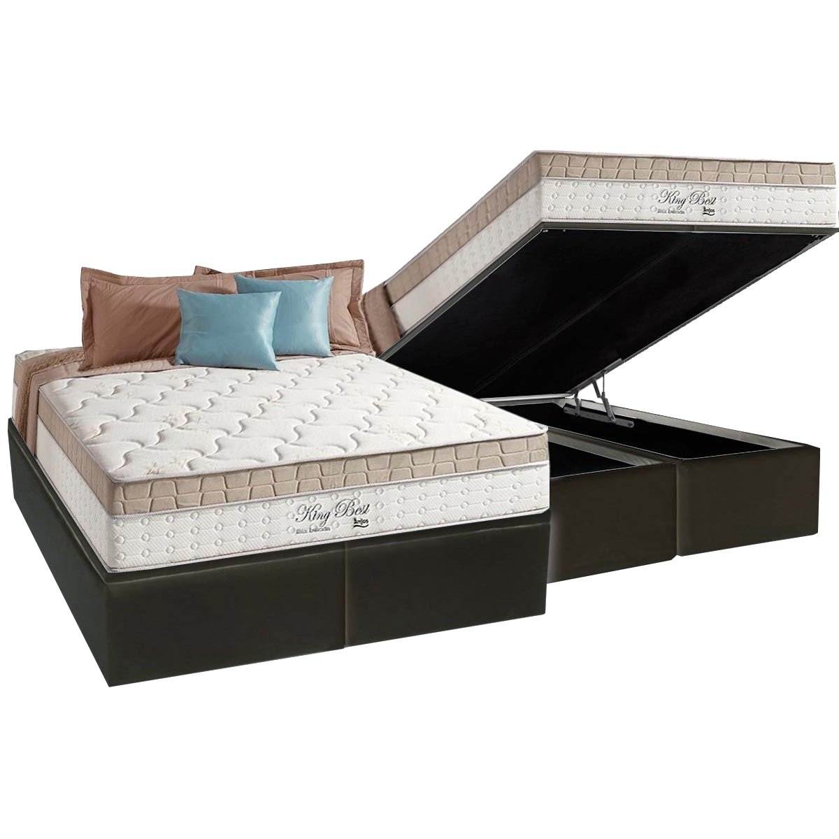 Colchão Queen King Best D28 + Base Box Baú Corino Preto – ANJOS COLCHÕES + ALTO NÍVEL CAMAS E COLCHÕES