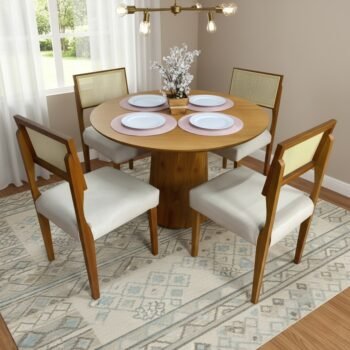 Mesa Redonda Malva 110 Mel com 4 Cadeiras Grécia Mel/Linho Bege – J SILVA MÓVEIS + HR MOVELARIA