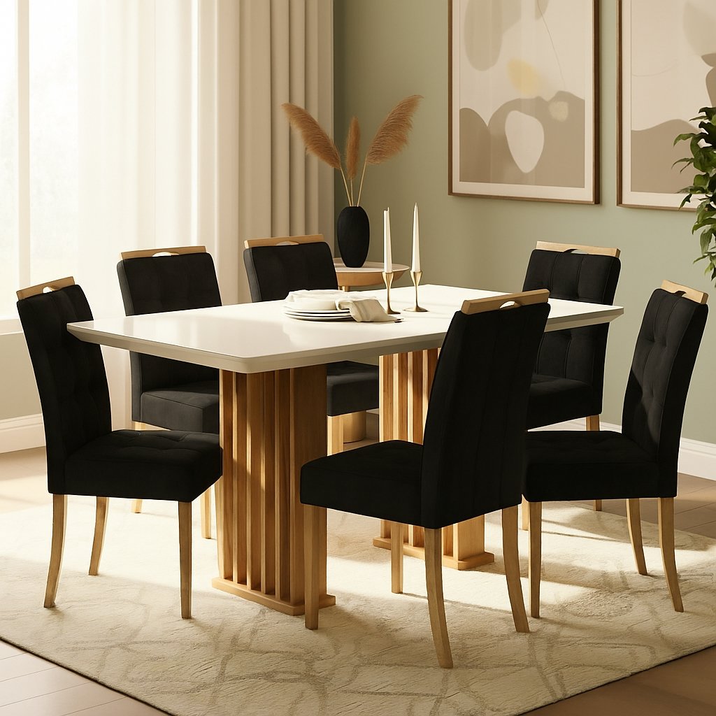Mesa Mona/Munique 160 Mel/Blonde Off White com 6 Cadeiras Sophia Veludo Preto – VIERO MÓVEIS + WM DECOR