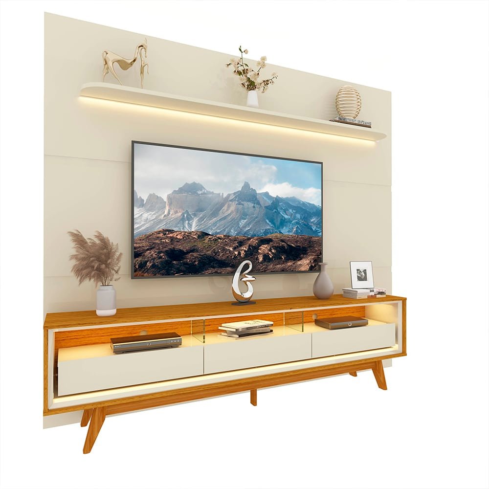 Painel até 85″ Royal 220 Off White + Rack Requinte 212 Naturale/Off White - GELIUS - Imagem 2