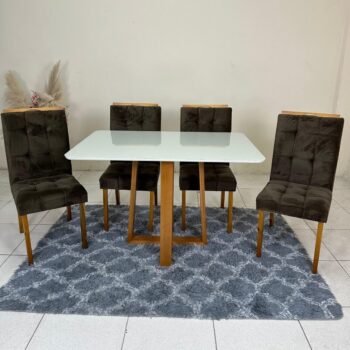 Mesa Pedro 90 Mel/Off White com Cadeiras Sophia/Capri Mel/Veludo Marrom – ART ASSENTOS + WM DECOR