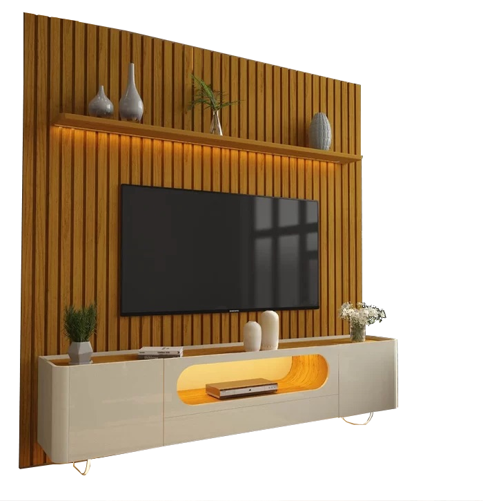 Painel até 85" Nobre 230 Naturale + Rack Nobre 210 (Pés de Vidro) Off White/Naturale - GELIUS - Imagem 2