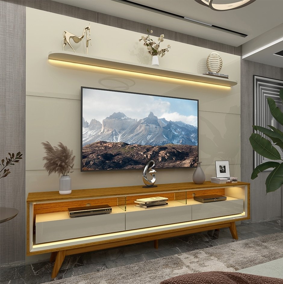 Painel até 85″ Royal 220 Off White + Rack Requinte 212 Naturale/Off White - GELIUS