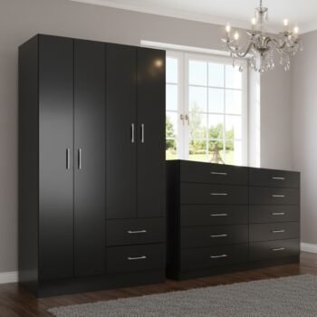 Guarda-Roupa 4 Portas Panamá 4002 + Cômoda 10 Gavetas Caribe Preto  – FELLICCI