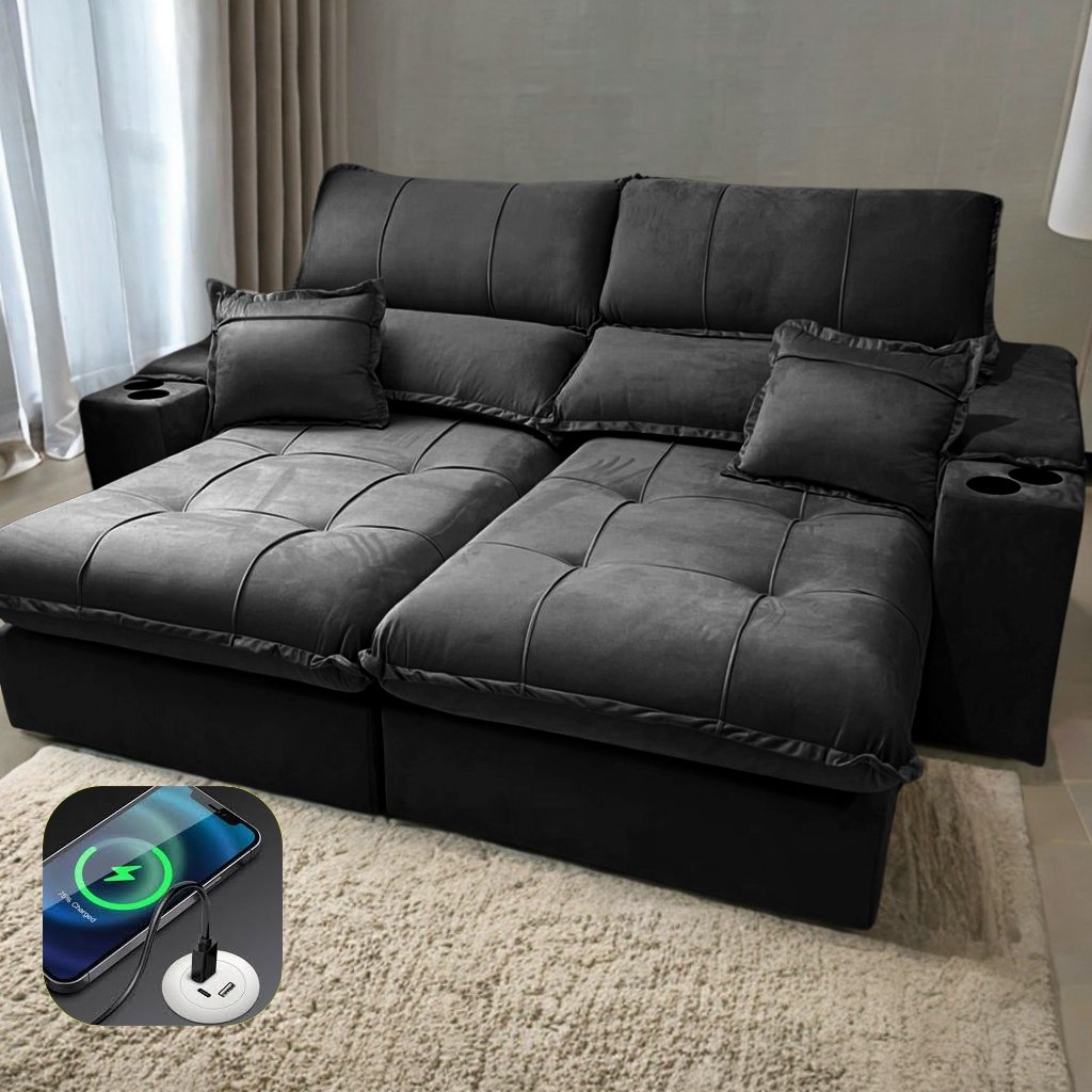 Sofá Retrátil e Reclinável Zeus/Afrodite 2,50 m Preto - ZARAT ESTOFADOS