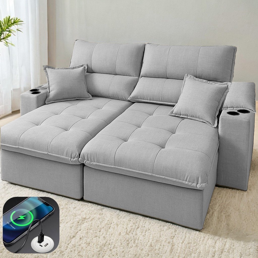 Sofá Retrátil e Reclinável Zeus/Afrodite 2,90 m Linho Cinza – ZARAT ESTOFADOS