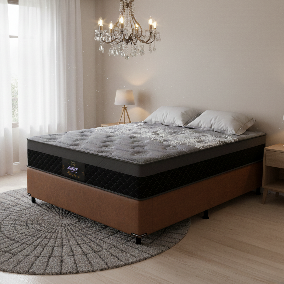 Colchão Casal New York D28 + Base Box Simples Corino Marrom – GAZIN + ALTO NÍVEL CAMAS E COLCHÕES