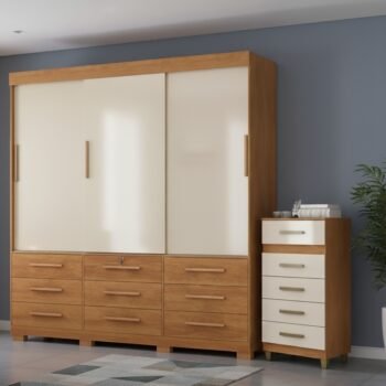 Guarda-Roupa 3 Portas Toronto RP1930 + Cômoda 5 Gavetas Malta CO250 Cinamomo/Off White/Cinamomo – FELLICCI
