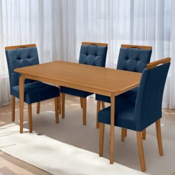Mesa Alegra 120 Cinamomo com 4 Cadeiras Sophia Veludo Azul – JCM MOVELARIA + WM DECOR
