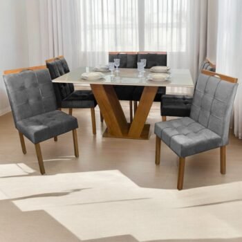Mesa Classic 160 Cinamomo/Off White com 6 Cadeiras Sophia Mel/Veludo Grafite – CEL MÓVEIS + WM DECOR