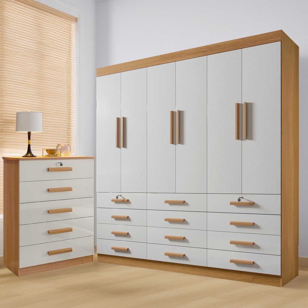 Guarda-Roupa 6 Portas Mônaco + Cômoda Ipanema Cinamono/Off White – D’DORO MÓVEIS