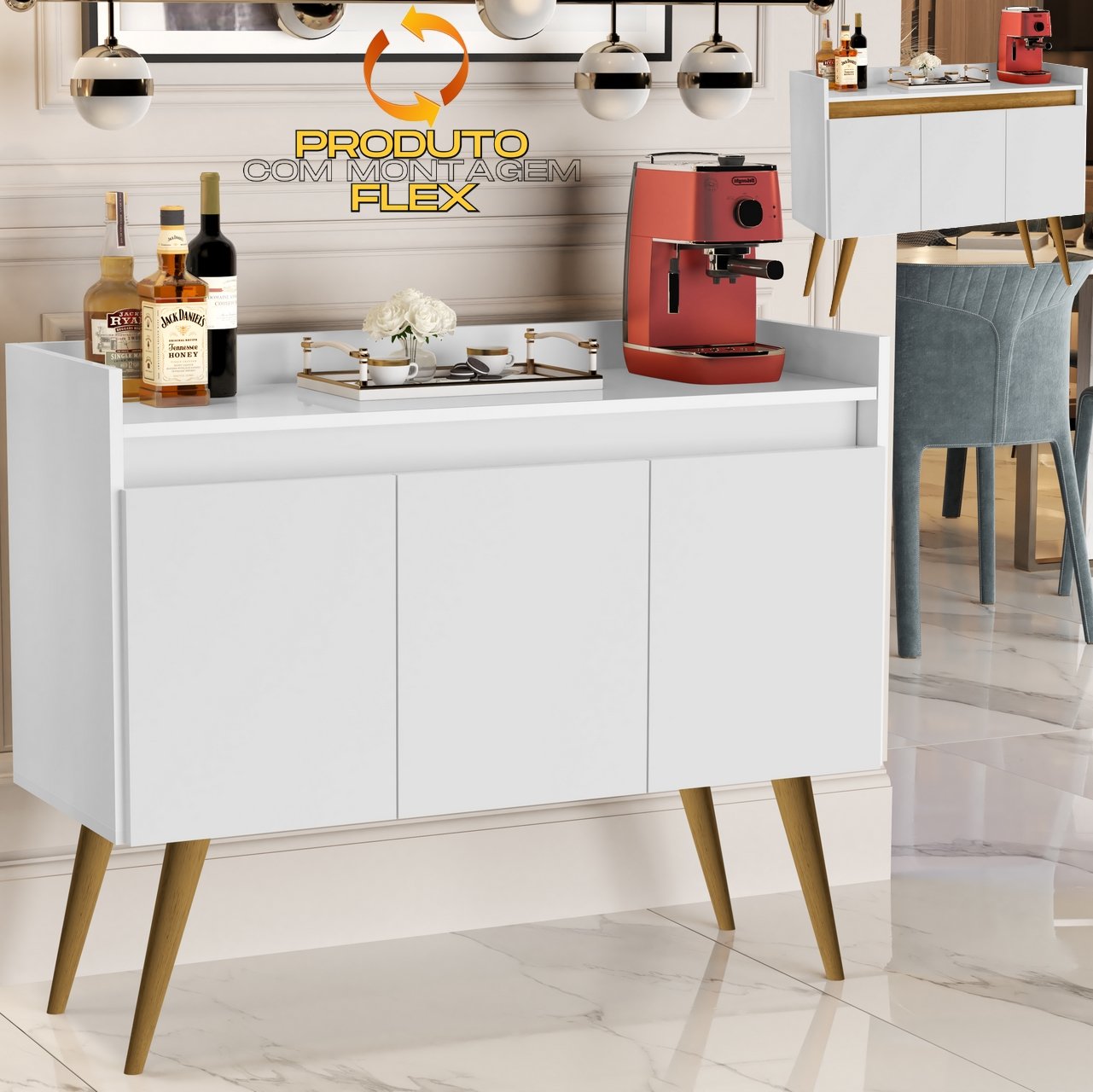 Buffet 3 Portas Gold Branco/Mel/Branco – MÓVEIS PRIMUS