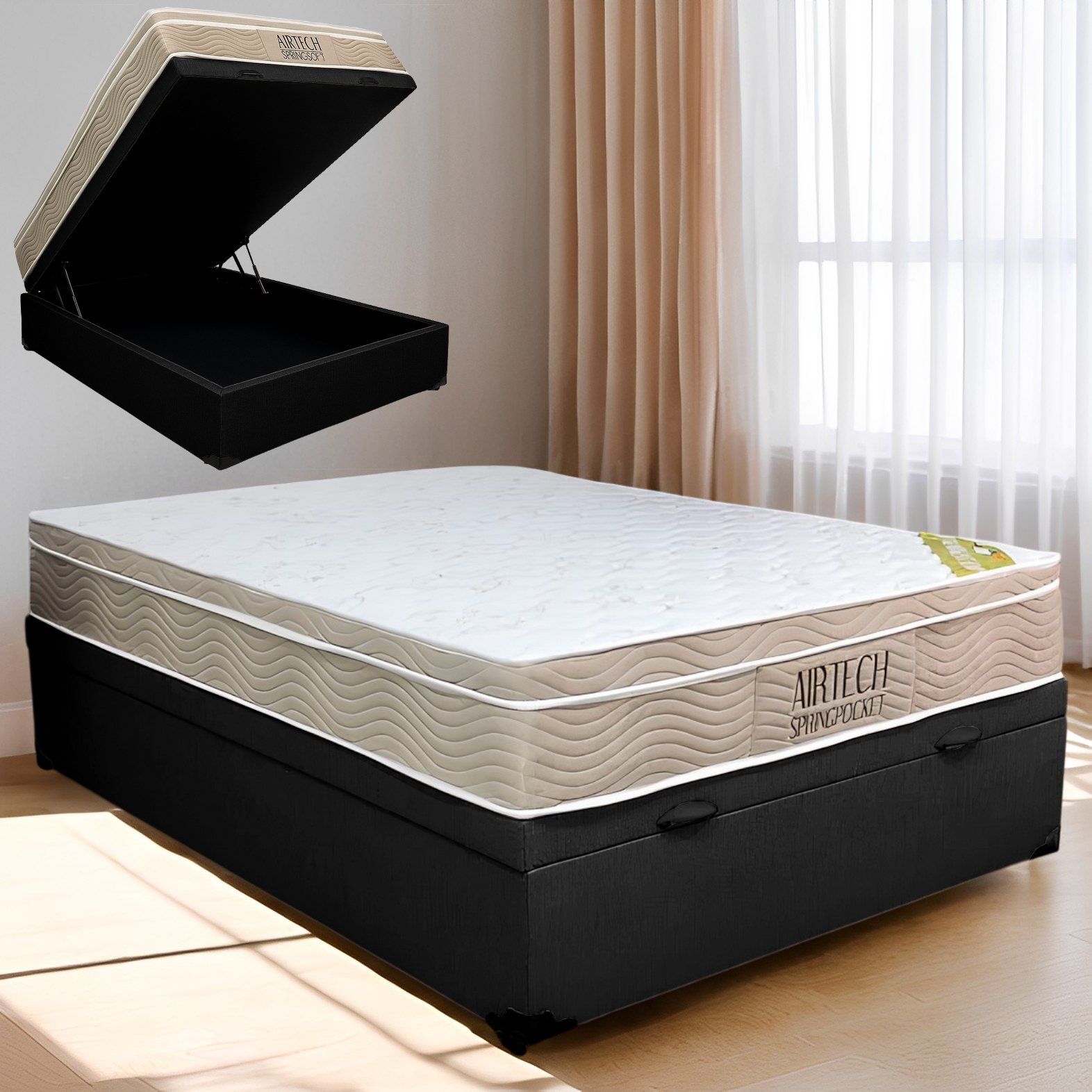 Colchão Casal Airtech Springpocket + Base Box Baú Corino Preto – ORTOBOM + BIOSTAR