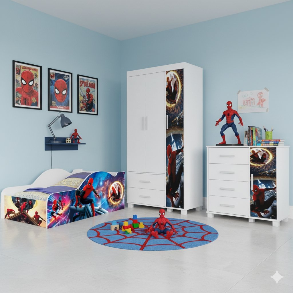 Guarda-Roupa 3 Portas Lívia 0,89 m + Cômoda 4 Gavetas com Sapateira Lívia + Cama Juvenil Carro Homem-Aranha 14 (Menino)