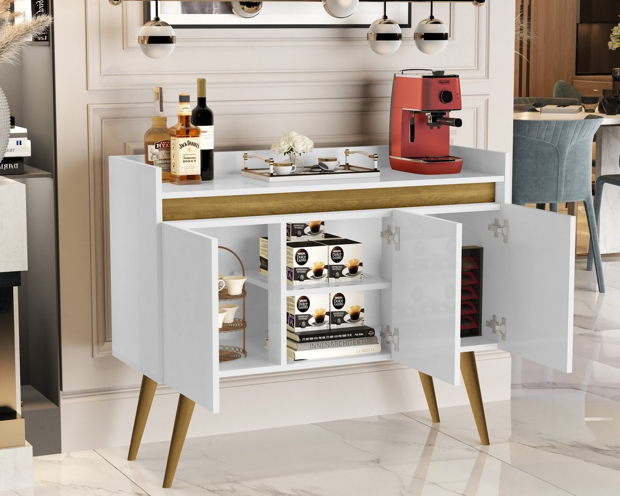 Buffet 3 Portas Gold Branco/Mel/Branco – MÓVEIS PRIMUS - Imagem 4