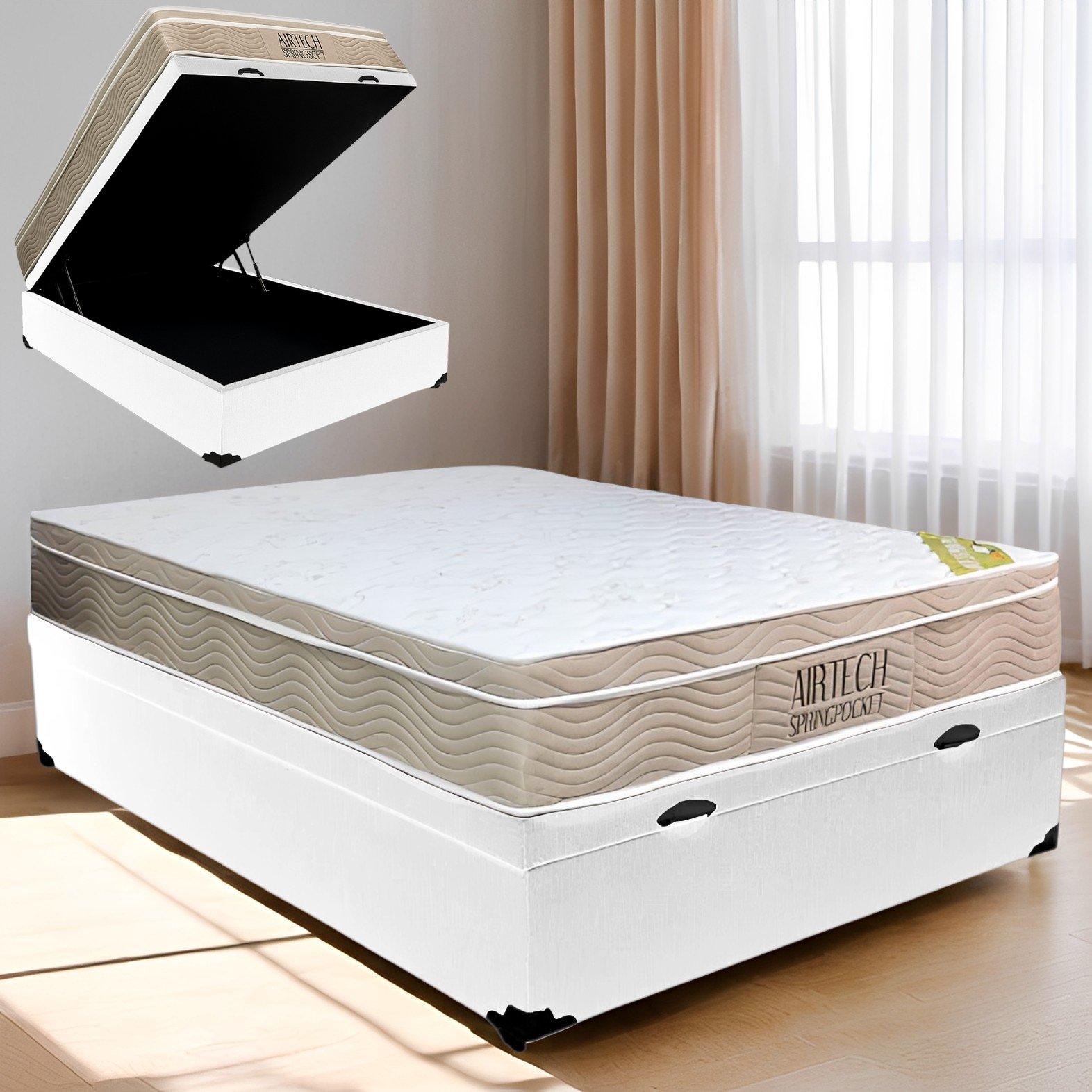 Colchão Casal Airtech Springpocket + Base Box Baú Corino Branco – ORTOBOM + ALTO NÍVEL CAMAS E COLCHÕES