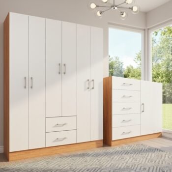 Guarda-Roupa 6 Portas Jamaica 6002 + Cômoda 5 Gavetas Sapateira Miami Cinamomo/Off White – FELLICCI