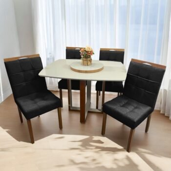 Mesa Atlas Mel/Off White Canto Barril 120×90 com 4 Cadeiras Sophia Mel/Veludo Preto – ART ASSENTOS + WM DECOR