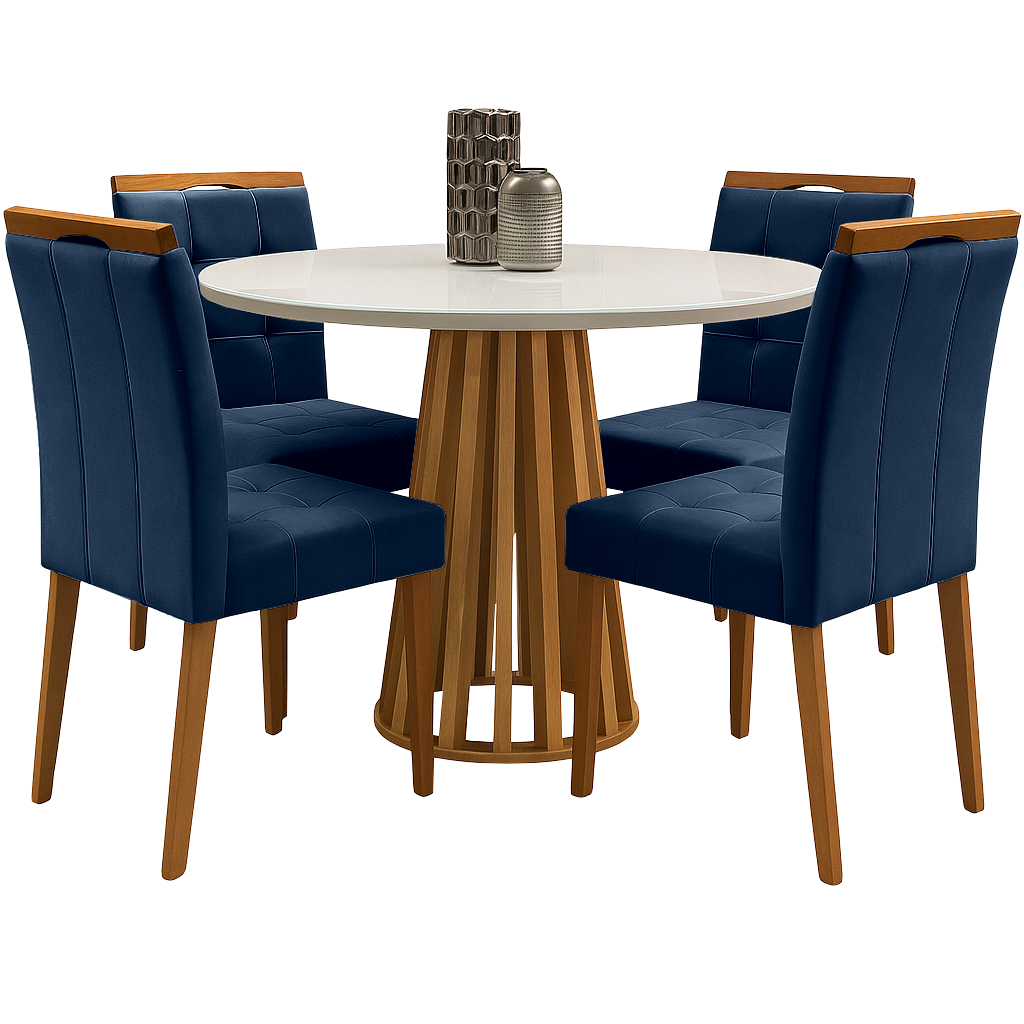 Mesa Redonda Berlim 100 Cinamono/Off White com 4 Cadeiras Sophia Veludo Azul – CEL MÓVEIS + WM DECOR - Imagem 4
